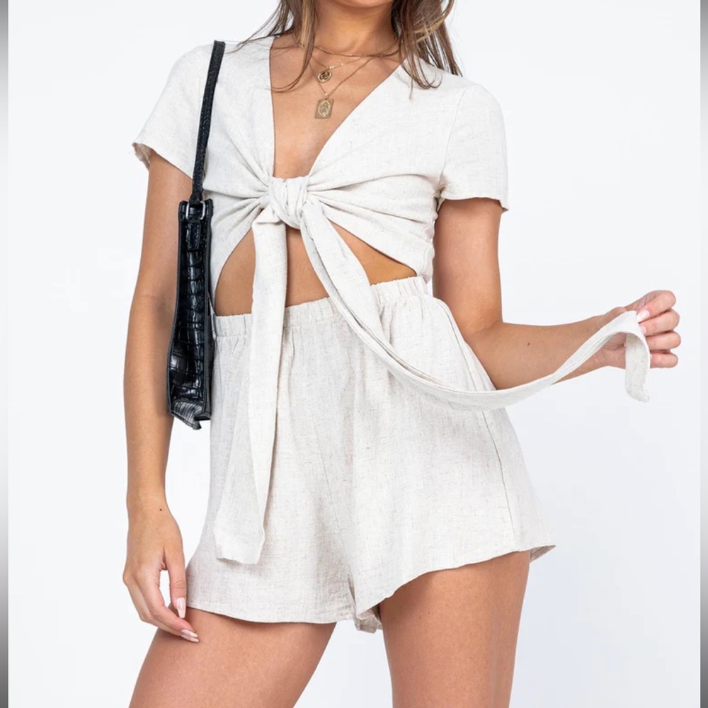 Beige - Linen - Tie - Princess Polly - Romper